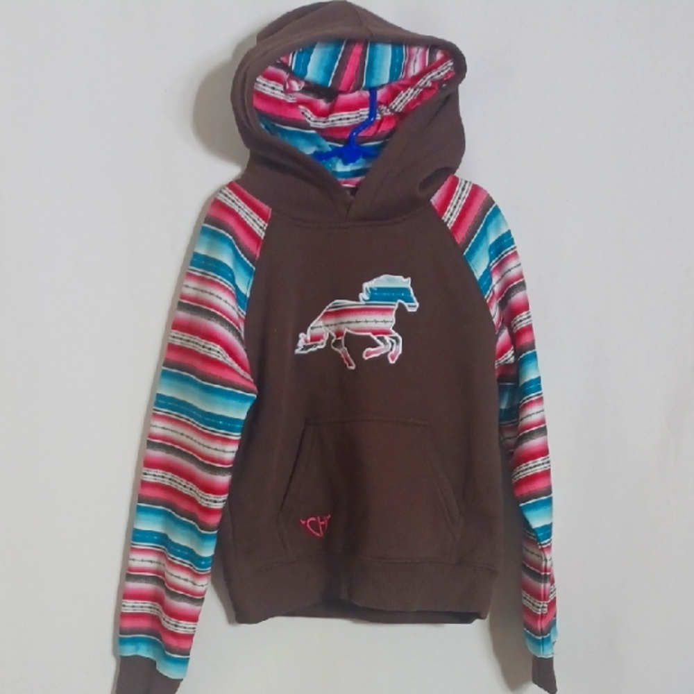 Kids Brown Hoodie with Striped Sleeves Size 5/6